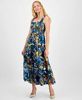 Anne Klein Women's Printed Smocked Cotton Sleeveless Maxi Dress