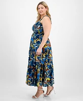 Anne Klein Plus Printed Smocked Cotton Sleeveless Maxi Dress