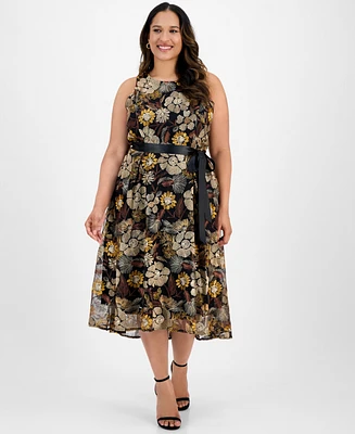 Tahari Asl Plus Embroidered-Mesh Tie-Waist Dress