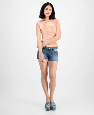 Guess Womens Short Sleeve Sunny Burnout Tee Lace Trimmed Denim Katie Shorts