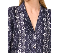 CeCe Women's Printed Short-Sleeve Camp Top