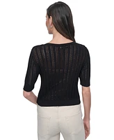 Dkny Jeans Women's Crewneck Short-Sleeve Cardigan Cable Pointelle Sweater - BLK