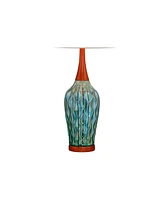 Rocco Mid Century Modern Table Lamps 30" Tall Set of 2 Blue Teal Glaze Ceramic Cherry Wood Tan Fabric Drum Shade for Bedroom Living Room Bedside