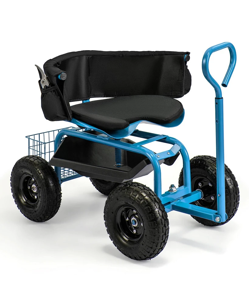 Cushioned Rolling Garden Cart Scooter with Storage Basket and Tool Pouch