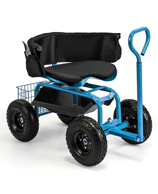 Cushioned Rolling Garden Cart Scooter with Storage Basket and Tool Pouch