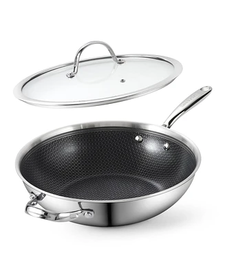 Cooks Standard 12-Inch Hybrid Nonstick Wok with Tempered Glass Lid, Multi-Ply Clad Stainless Steel Flat Bottom Wok Stit Fry Pan, Oven Safe, Induction