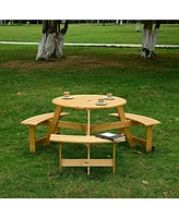 Outdoor 6 Person Picnic Table, 6 person Round Picnic Table with 3 Built-in Benches, Umbrella Hole