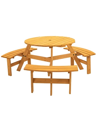 6-Person Natural Circular Wood Outdoor Picnic Table Seats 6 People with 3 Built-in Benches and Umbrella Hole