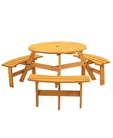 6-Person Natural Circular Wood Outdoor Picnic Table Seats 6 People with 3 Built-in Benches and Umbrella Hole