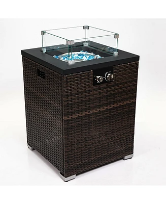 Dark Brown Column Wicker 28.70 in. Fire Pit Table with Glass Wind Guard, 40000BTU