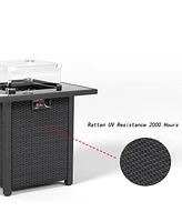 28 in. Propane Fire Pit Table, Rattan and Wicker,50000 Btu, Tempered with Glass Windscreen