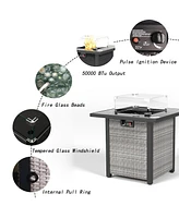 28 in. Outdoor Wicker Propane Fire Pit Table, 50000 Btu Gas Firepits Tempered Glass Tabletop Glass Wind Guard