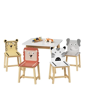 5 Piece Kiddy Table and Chair Set , Kids Wood Table with 4 Chairs Set Cartoon Animals