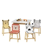 5 Piece Kiddy Table and Chair Set , Kids Wood Table with 4 Chairs Set Cartoon Animals