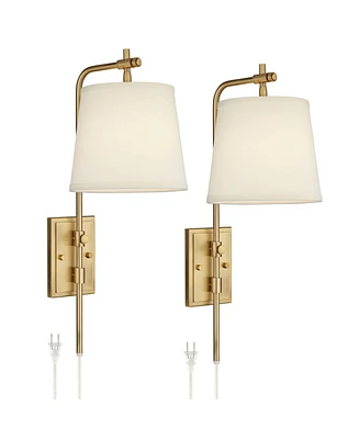Seline Modern Wall Lamps Set of 2 Warm Gold Metal Plug-In 9" Adjustable Swivel Off-White Linen Drum Shade for Bedroom Living Room Home Hallway Di