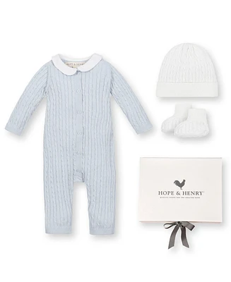 Hope & Henry Baby 4 Piece Peter Pan Collar Romper, Hat, Bootie Boxed Gift Set