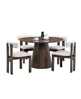 Round Brown Dining Set: Table & 4 Boucle Chairs