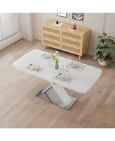 White Extendable Dining Table, Metal Base, 4-6 People