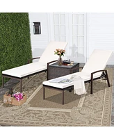 2 Pieces Patio Rattan Reclining Chaise Lounge Chair with Cushion and Armrest