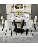 42" Round Glass Dining Set: Marble Table & 6 White Pu Chairs