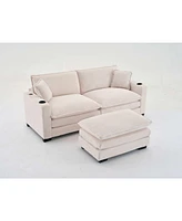 L Shape Corduroy Sofa w/ Usb, Cup Holder & Ottoman - Beige