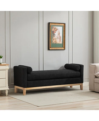 Black Boucle Upholstered Bench/Daybed with Wood Legs & Pillows