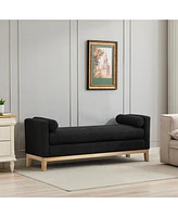 Black Boucle Upholstered Bench/Daybed with Wood Legs & Pillows