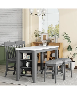 5-piece Counter Height Dining Table Set with Built-in Storage Shelves,Grey