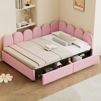 Full Size Upholstered Daybed with 2 Drawers, Velvet Sofabed with Soft Fabric Headboard, No Box-spring Needed, Beige