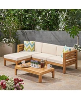 Acacia Wood Outdoor Sofa Set with Ottoman & Table