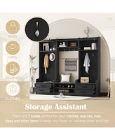 4-in-1 Hall Tree: Coat Rack, Bench, Storage, & Hooks - Black