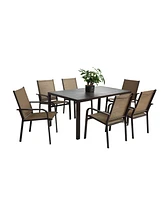 7-Piece Patio Dining Set, Table & 6 Textilene Chairs - Brown