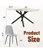 White Marble Dining Set: 63" Table & 6 Gray Chairs