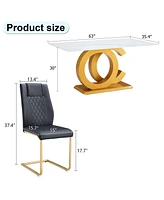 63" Glass Dining Set: Marble Table & 6 Black/Gold Chairs