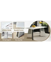 63" Cold Jade Dining Table Set with 6 White Pu Chairs