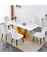 Snow Mountain Dining Set: 71" Table, Gold Legs & 6 White Pu Chairs