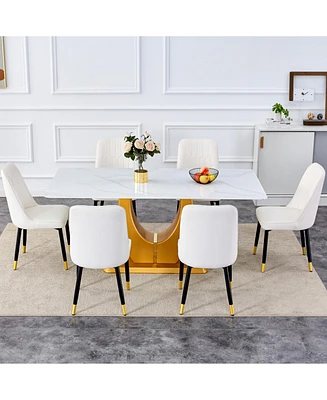 Snow Mountain Dining Set: 71" Table, Gold Legs & 6 White Pu Chairs