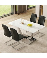 Modern Glass Dining Set: Marble Top Table & Pu Chairs