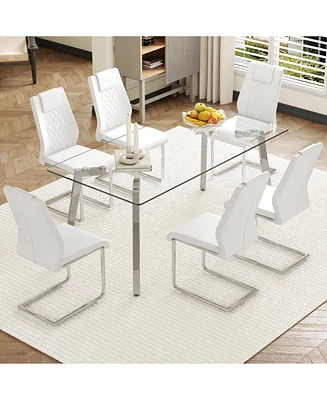 71" Rectangular Glass Table & 6 White Pu Chairs