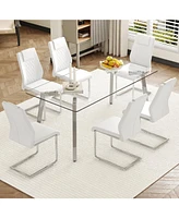 71" Rectangular Glass Table & 6 White Pu Chairs