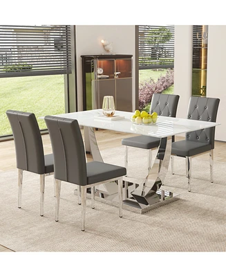 Modern Glass Dining Table Set with 4 Gray Chairs