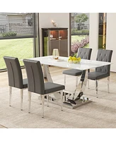 Modern Glass Dining Table Set with 4 Gray Chairs