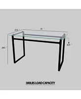 51" Glass Dining Table Set, Black Metal Legs & Pu Chairs
