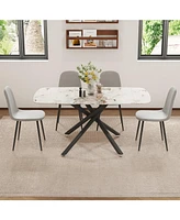White Marble Dining Set: 63" Table & 4 Gray Linen Chairs