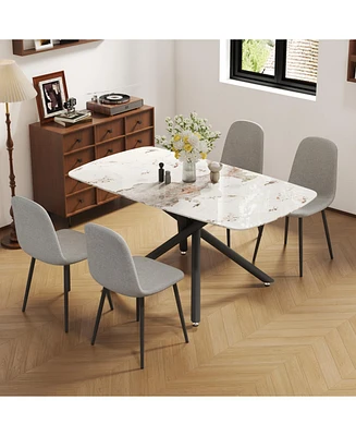 White Marble Dining Set: 63" Table & 4 Gray Linen Chairs