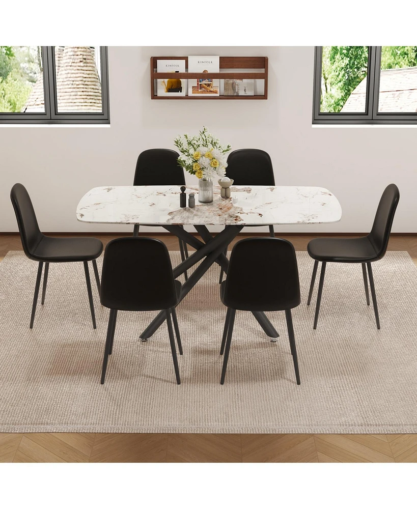 White Marble Dining Set: 63" Table & Black Pu Chairs