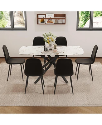 White Marble Dining Set: 63" Table & Black Pu Chairs