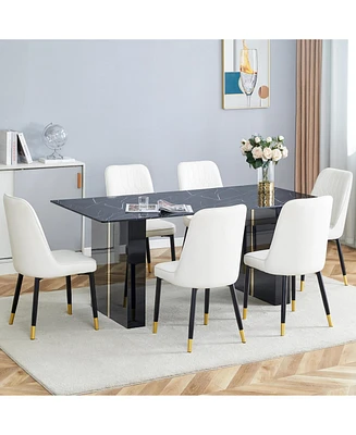 Tempered Glass Dining Set - 71" with 6 White Pu Chairs