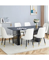 Tempered Glass Dining Set - 71" with 6 White Pu Chairs