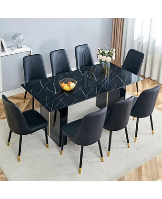 71" Glass Dining Set with 8 Black Pu Chairs